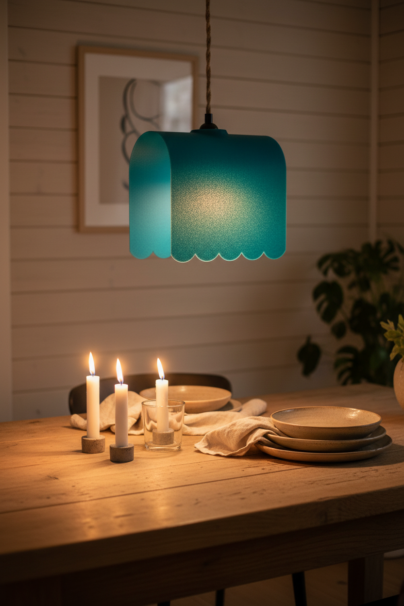 Teal awning pendant lampshade above a Scandinavian oak dining table