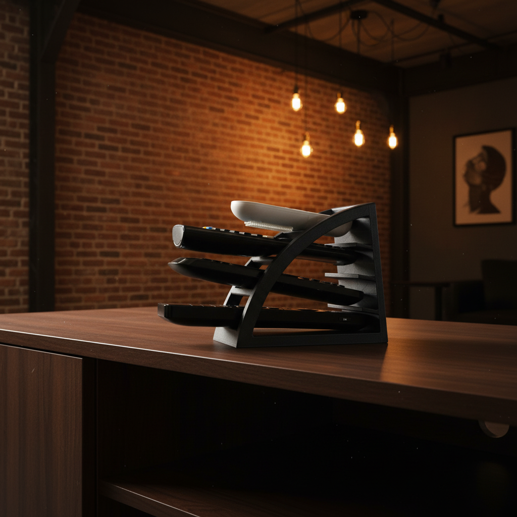 Remote Control Organizer in black displayed on a sleek dark media unit in a moody industrial loft apartment