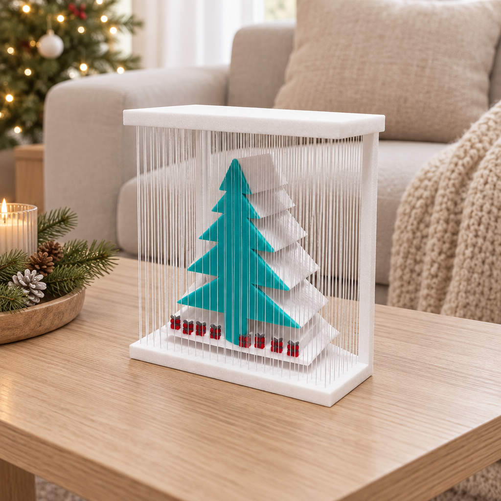 Tree Hanging Option 2 displayed on a pale wood coffee table in a calm modern living room.
