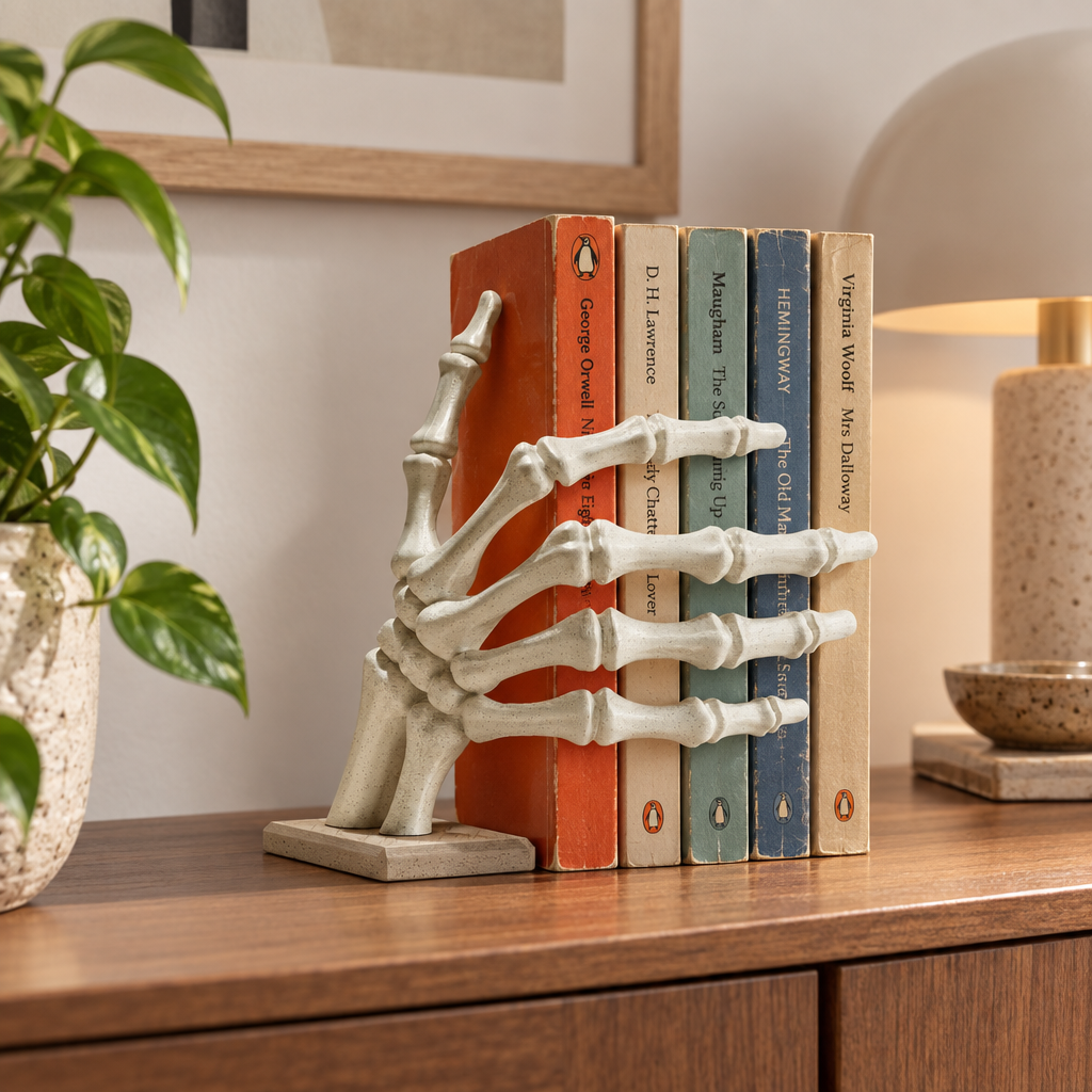 Skeleton hand bookstop beside vintage books