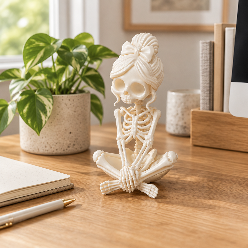 Lady Skeleton All Shy on a home office desk