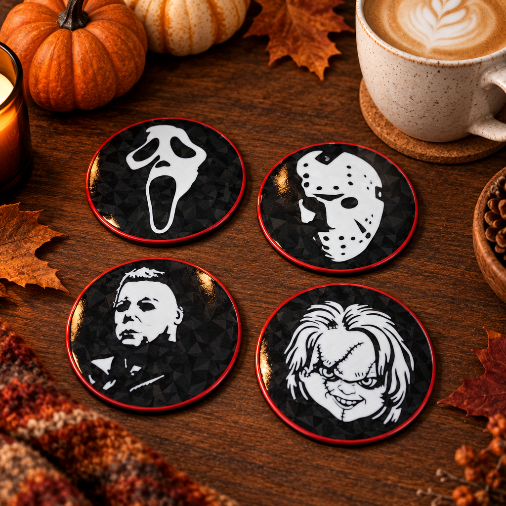 Four horror character coffee coasters styled with a latte and refined autumn decor
