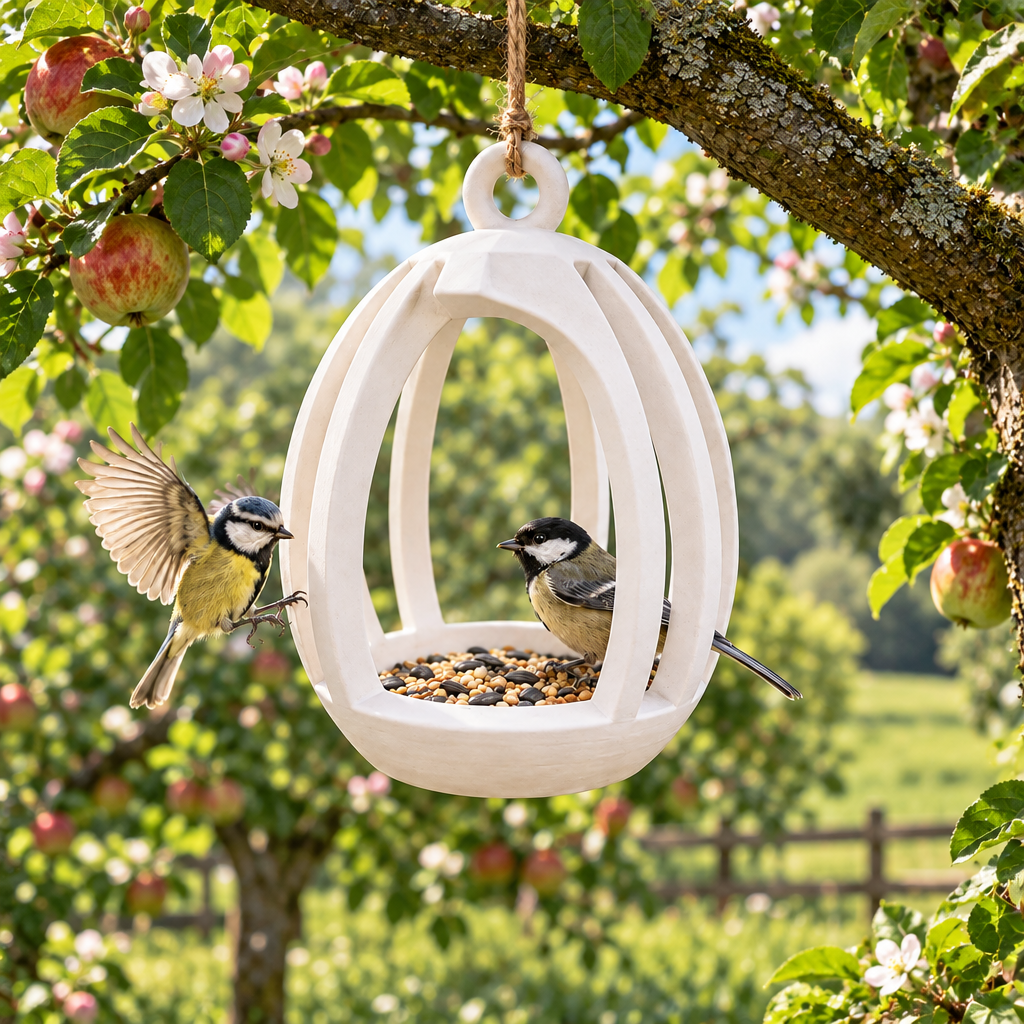 Ribbed feeder hanging in an apple orchard