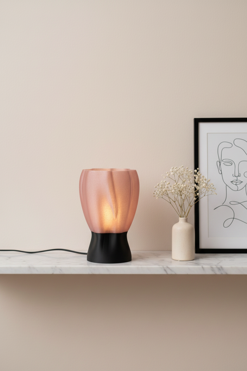 Dusty pink draped organic lamp glowing on marble shelf beside dried flowers Scandinavian living room lifestyle