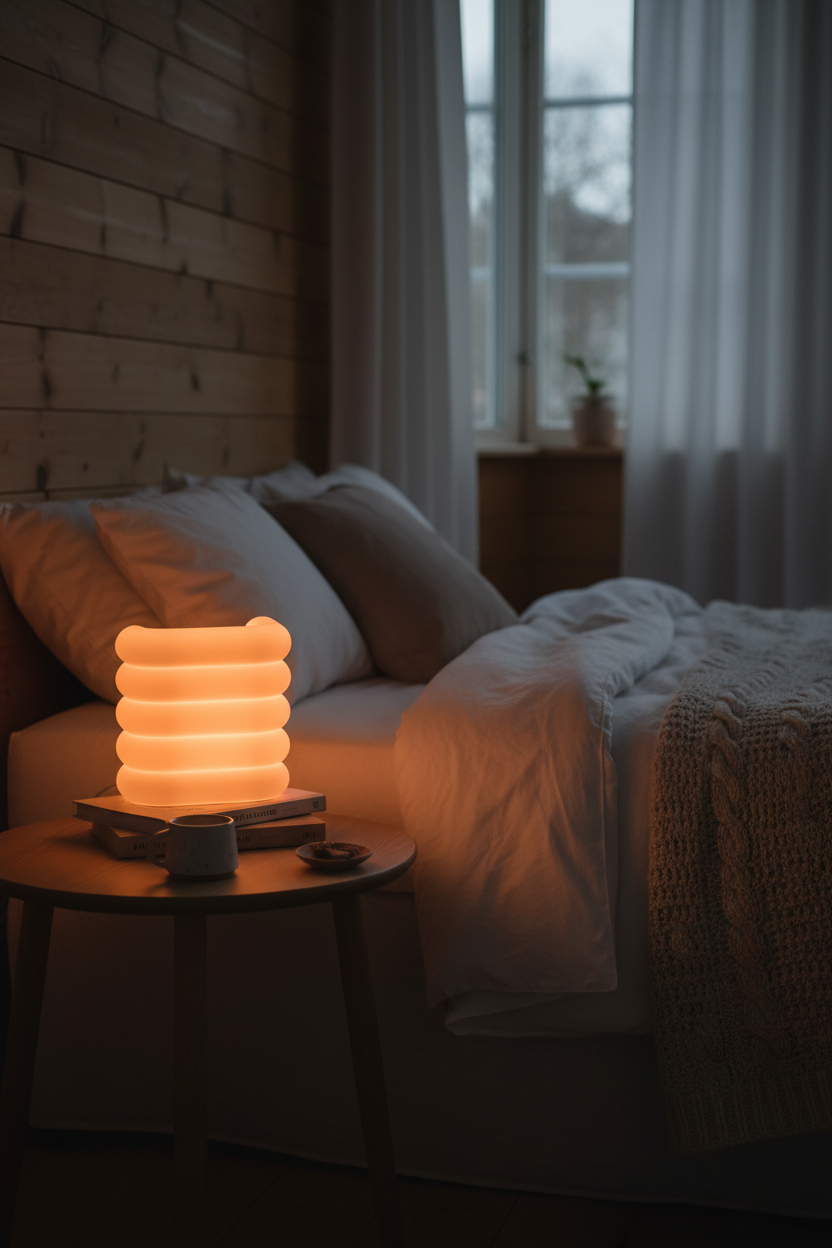 Stacked Pipe E27 Lamp glowing on bedside table in cosy Scandinavian bedroom