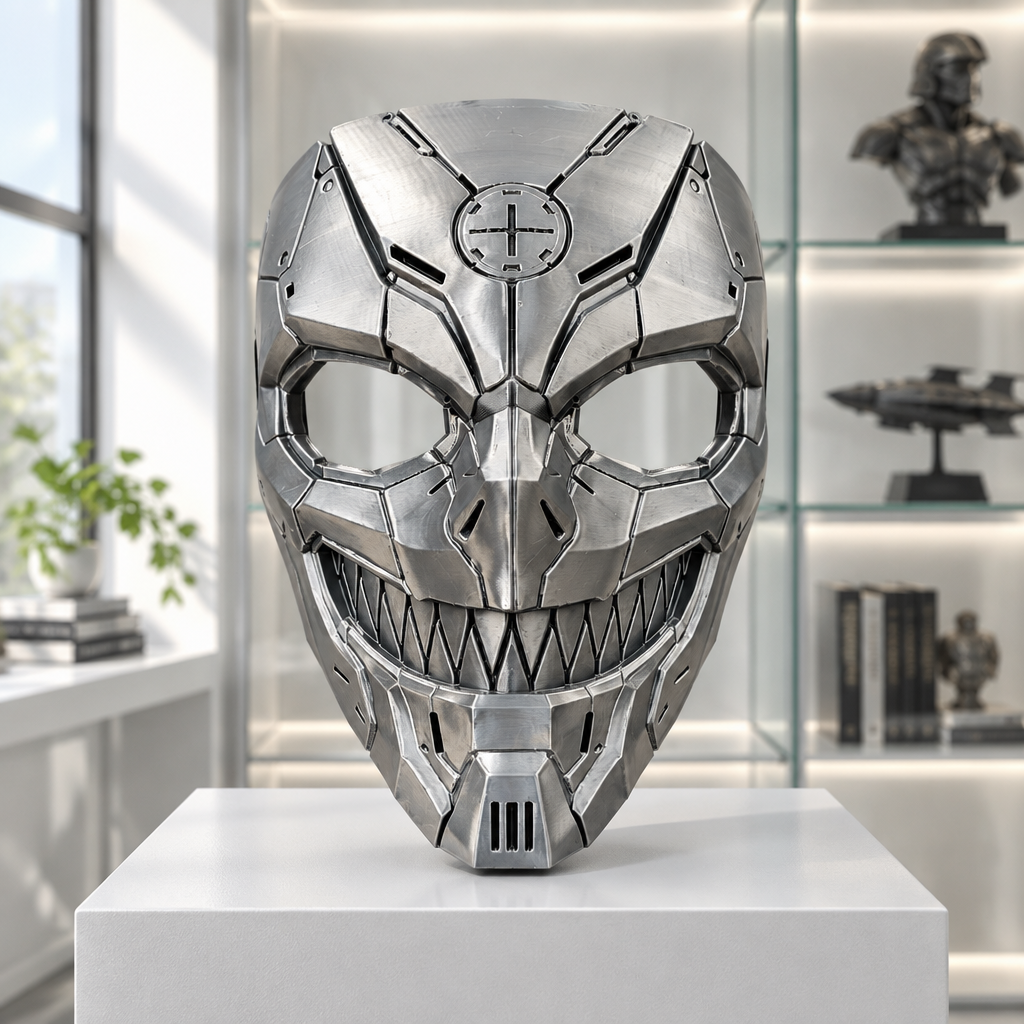 Pale titanium Tech Devil mechanical skull mask displayed in a bright collector display room, without a strap