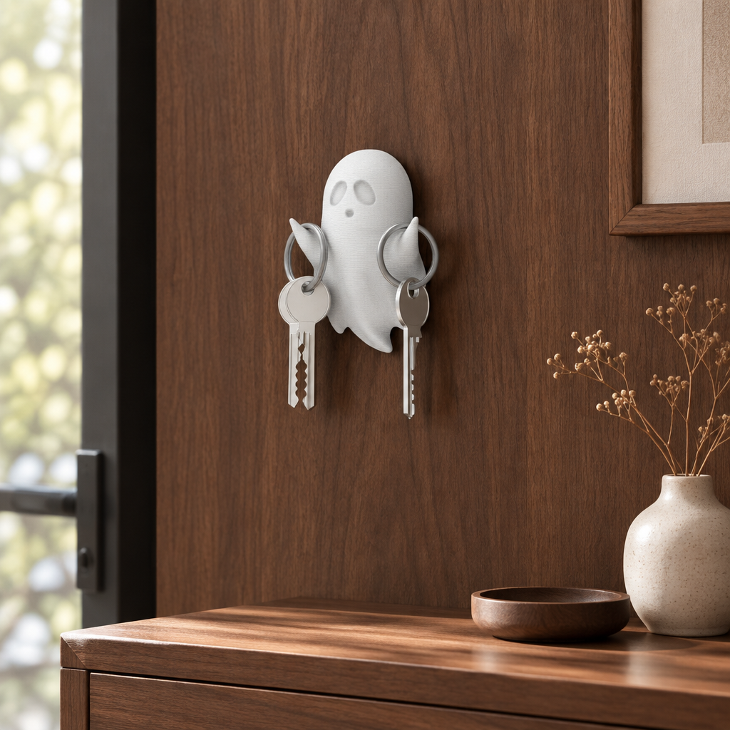 White ghost key holder and keys displayed on warm walnut paneling