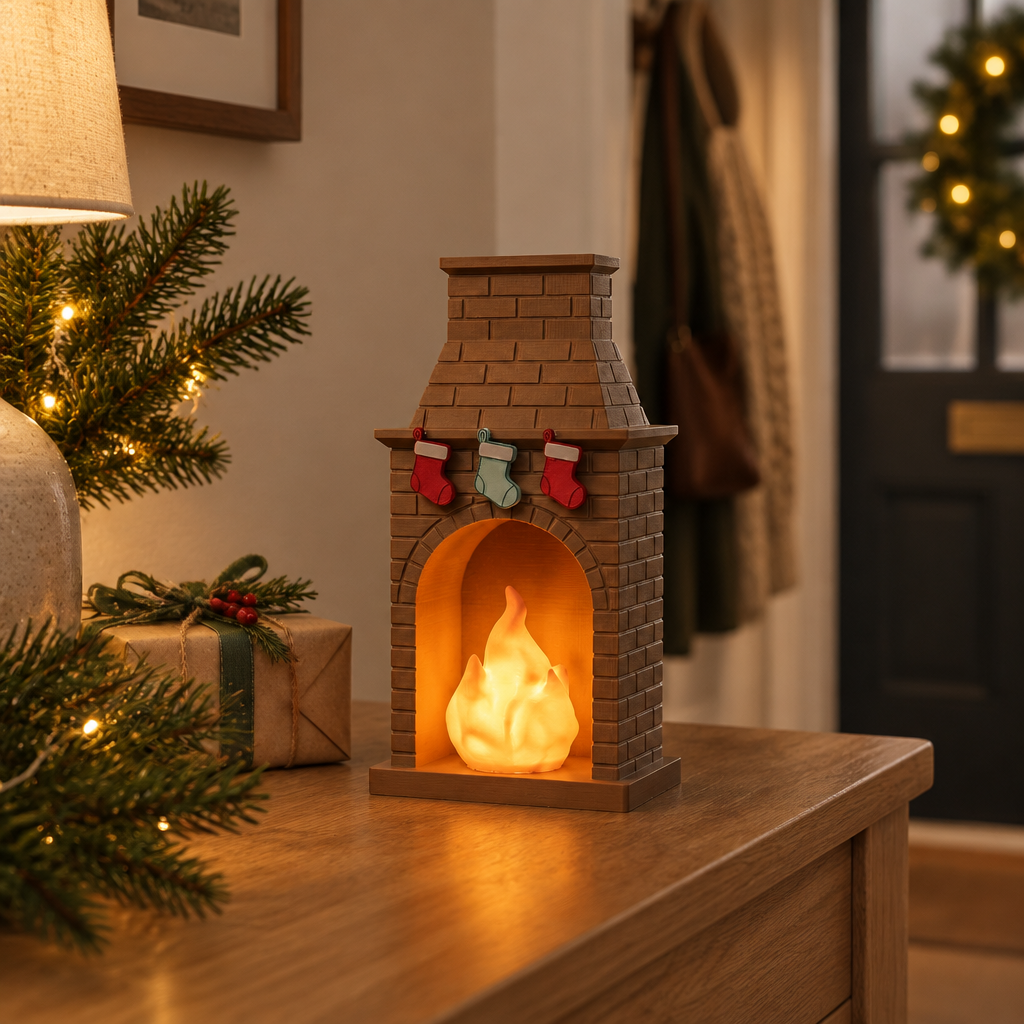 Christmas fireplace tealight holder displayed on an entryway console with a wrapped gift