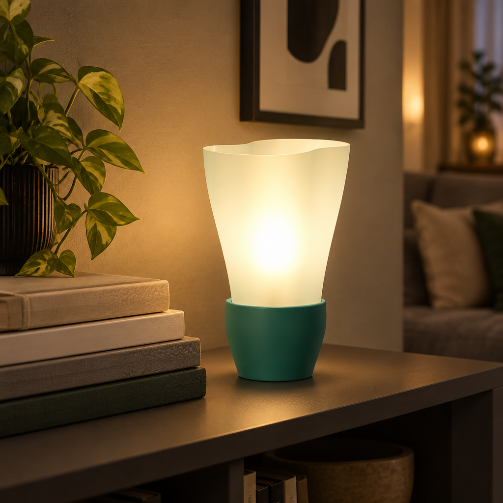 Flowing E14 Lamp lit on a dark shelf beside books in a modern living room