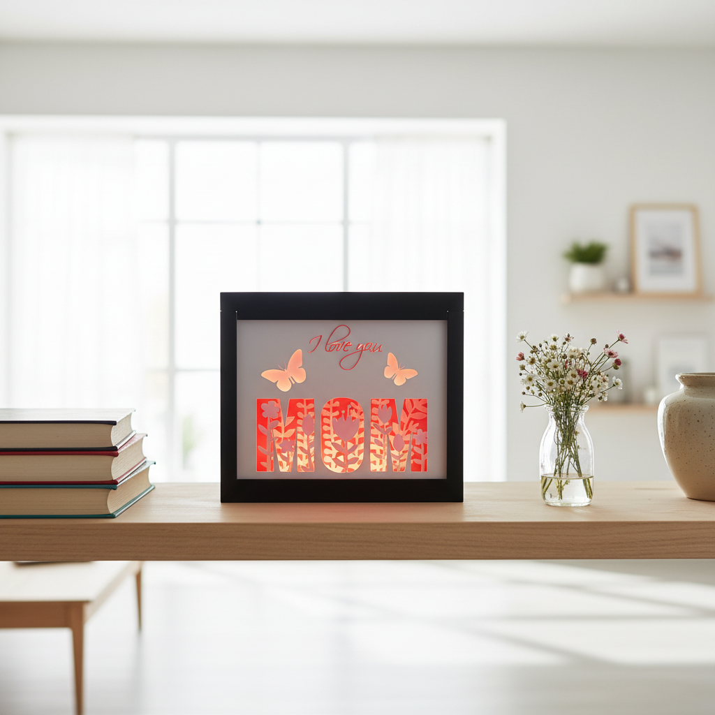 Mother's Day Shadow Box displayed on a living room shelf with books and a small vase of flowers