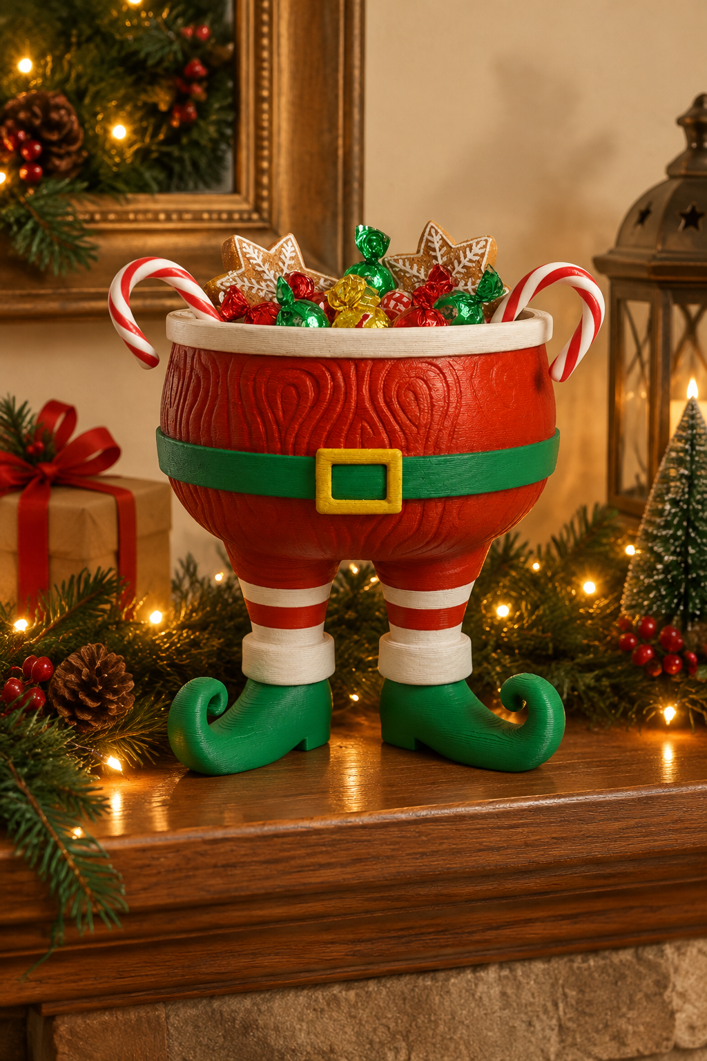 Santa legs sweet bowl styled on a Christmas mantel with evergreen and warm lights