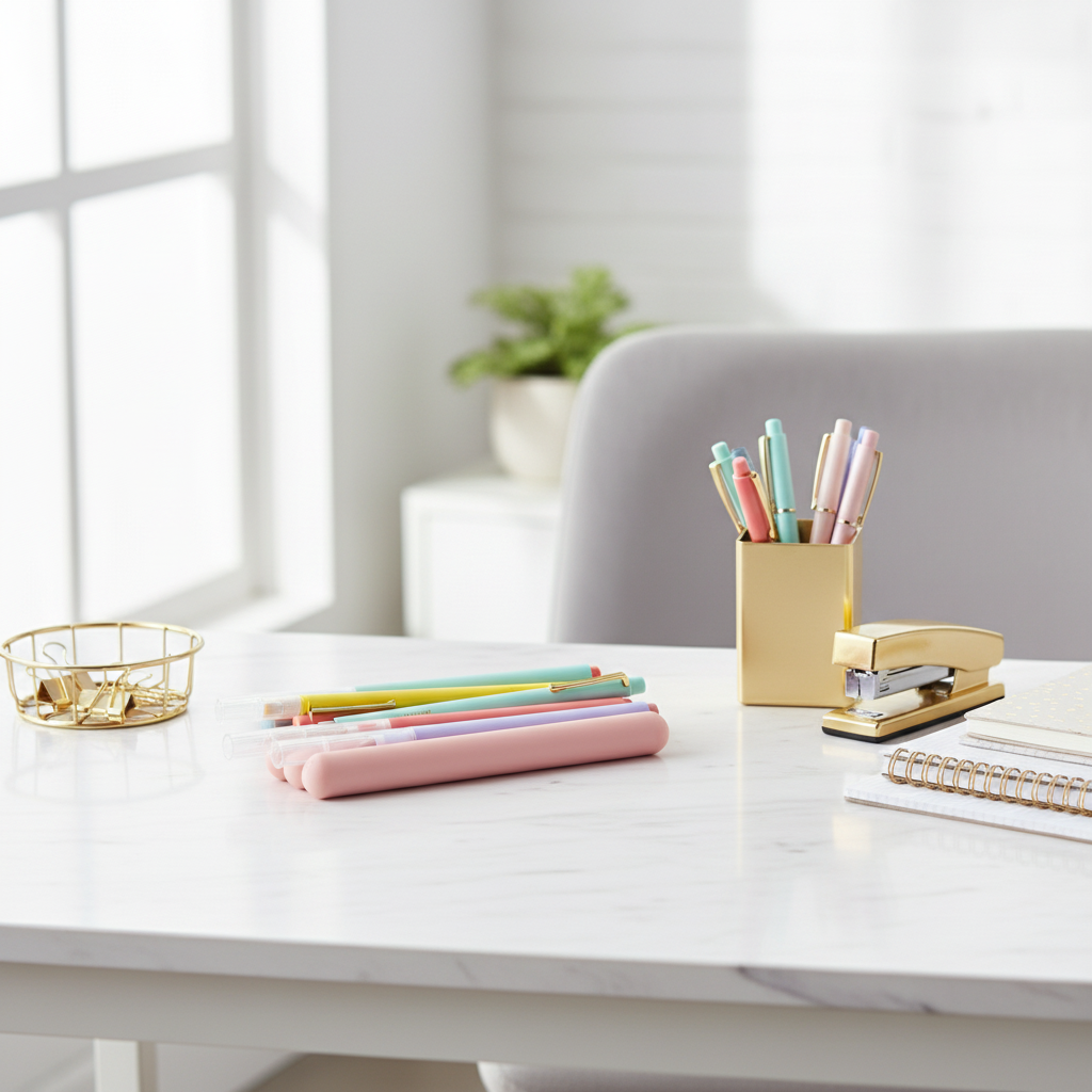 Hollow Pen Tray dusty pink holding colourful pens on marble desk