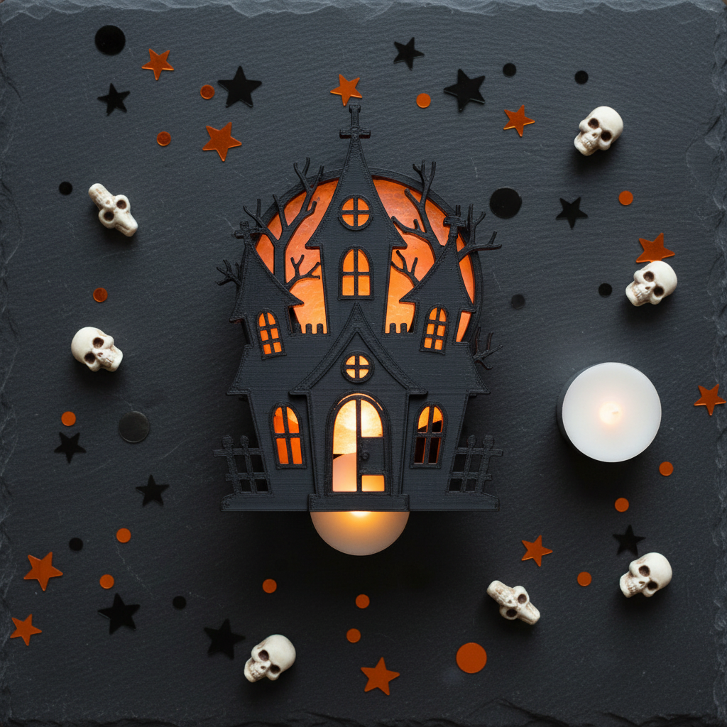 Haunted house decoration flat lay with skull ornaments and candy corn on dark slate lifestyle
