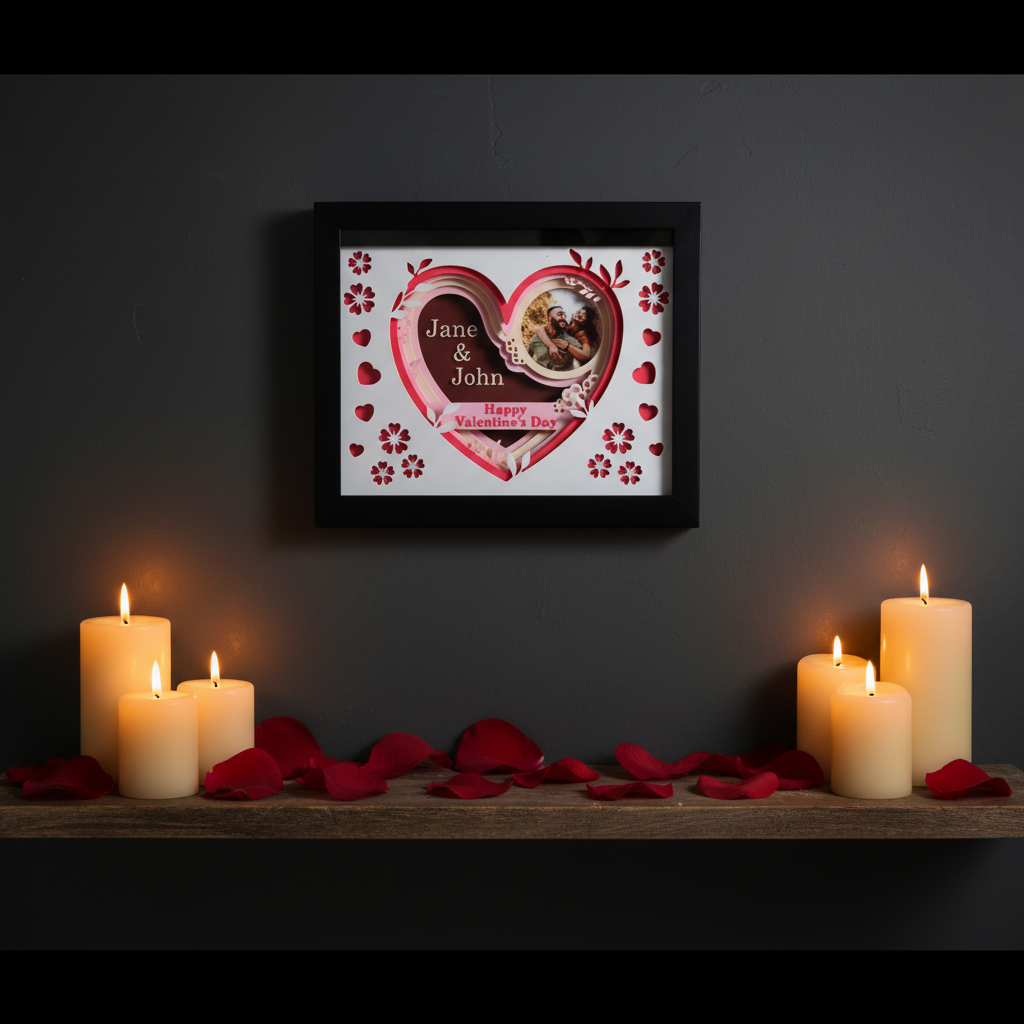 Personalised Valentine's Day Heart Shadow Box displayed on dark moody feature wall with candles and rose petals