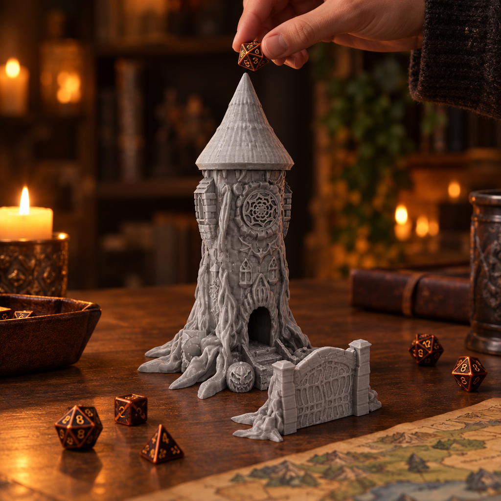 A hand drops a polyhedral die into the pointed roof of the grey Halloween dice tower