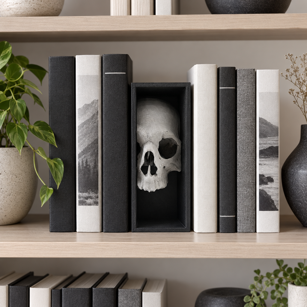 Paint-ready skull book nook among monochrome books in a minimalist living room