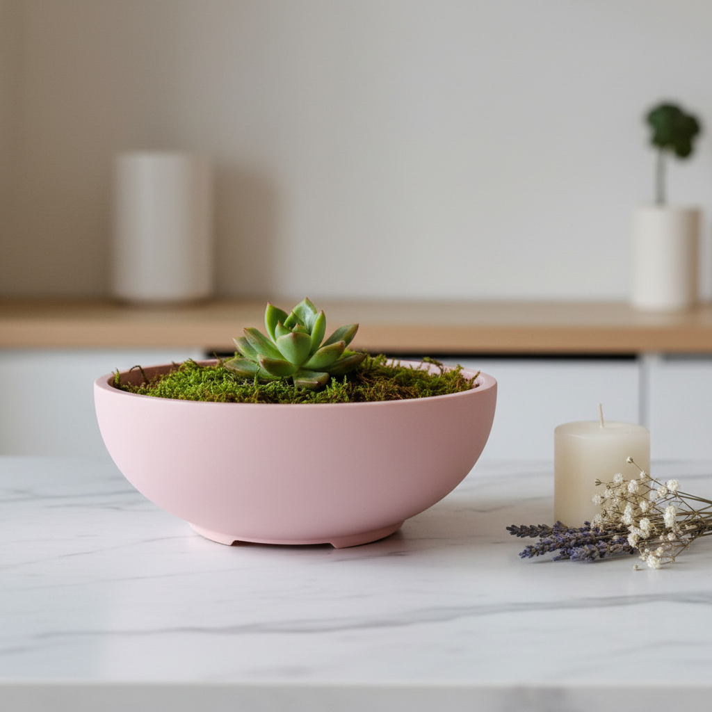 Dusty pink minimalist bonsai pot with succulent on marble surface with candle and dried flowers