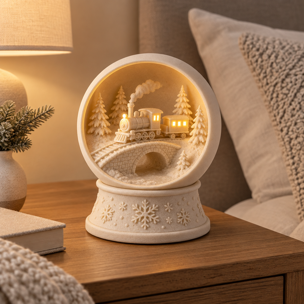Snow globe tealight holder displayed on a bedside table