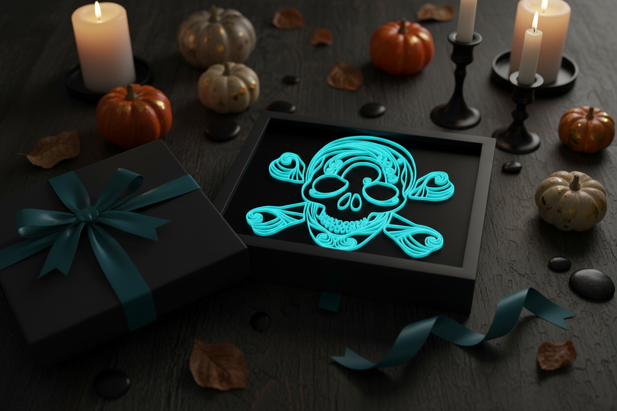 Spooky Swirls Glow-in-the-Dark Skull and Bones shadow box presented as a Halloween gift in a matte black box with teal ribbon and Halloween decorations