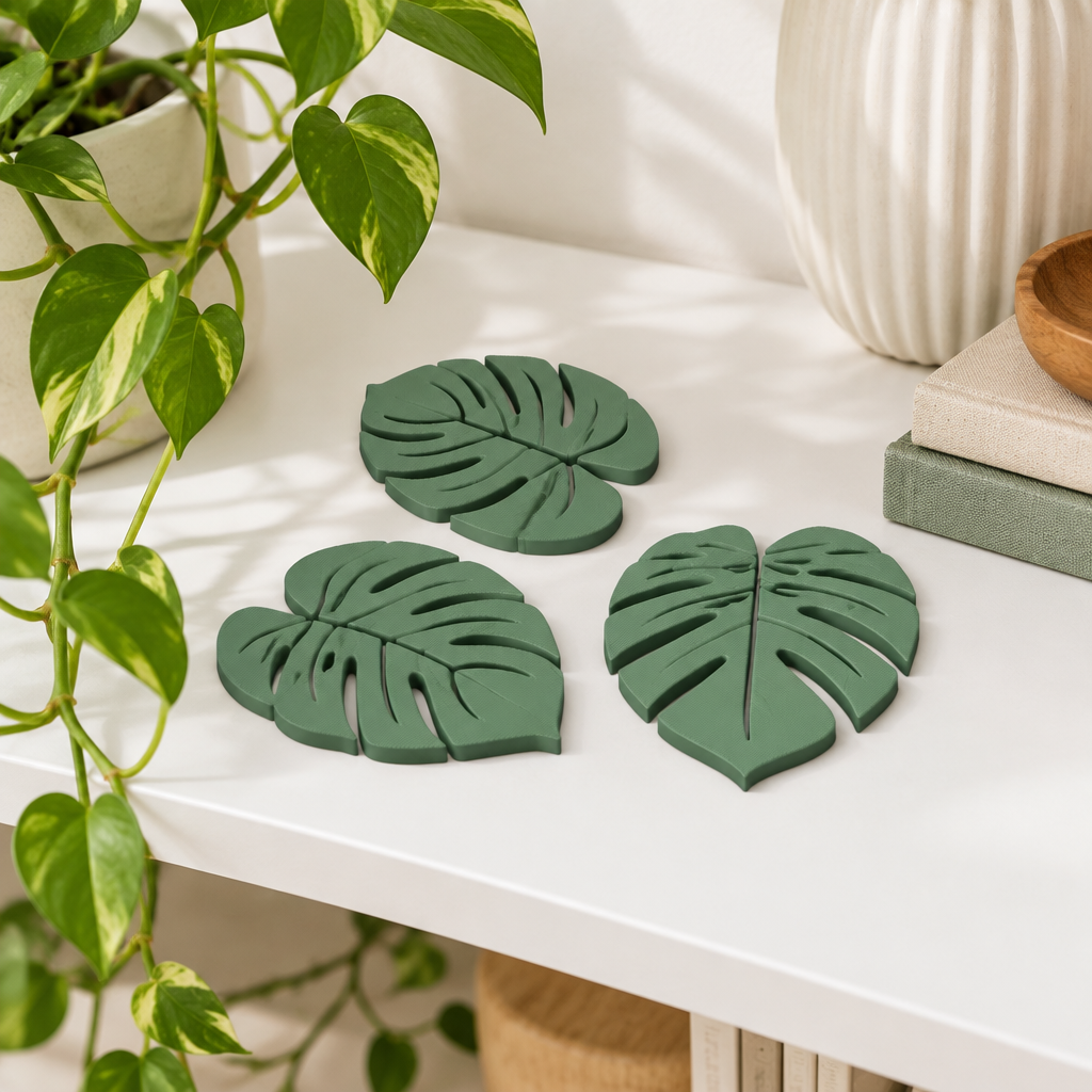 Sage green monstera leaf coasters fanned out on a white shelf beside a trailing pothos plant