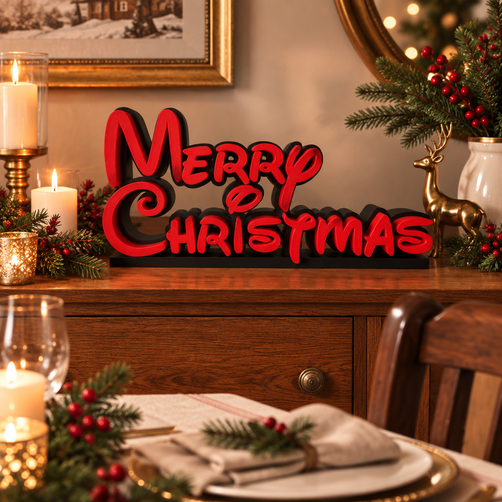 Black-based Merry Christmas sign with red lettering in a festive dining-room setting