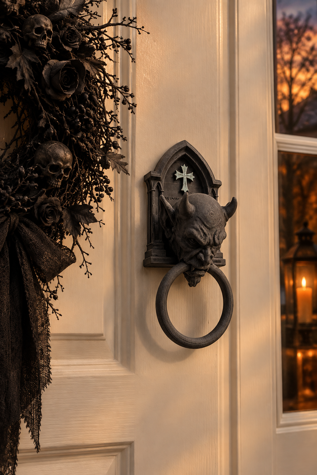 Gargoyle knocker on cream door at Halloween