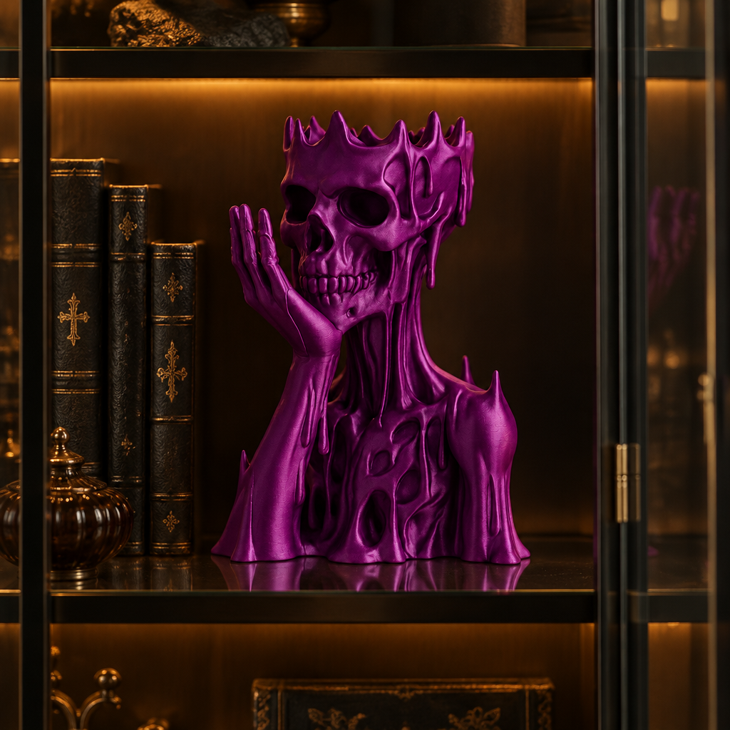 Purple skull and upper torso ornament displayed in a softly lit collector cabinet.