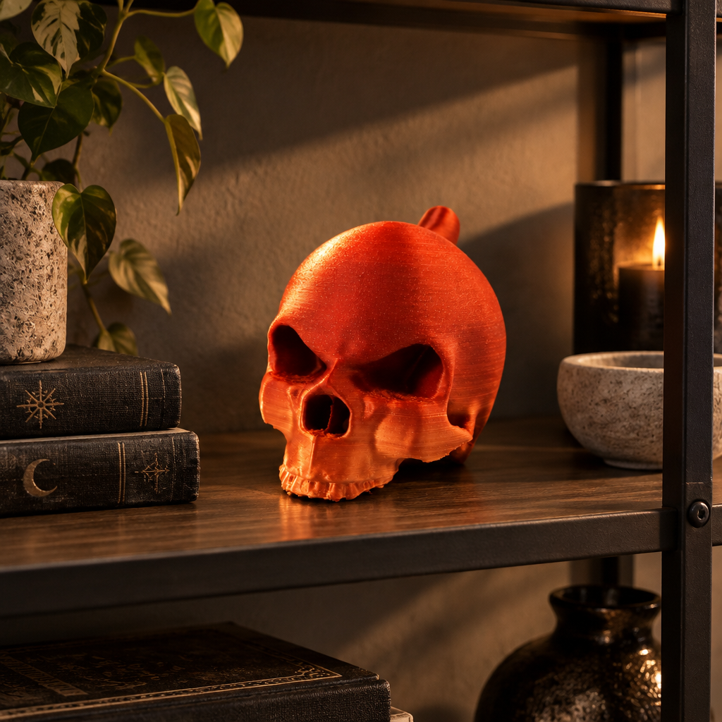 The orange skull ornament displayed on a modern black metal and wood shelf.