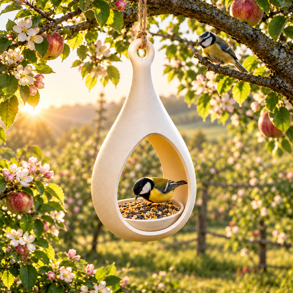 Elegant Drop bird feeder hanging in an orchard
