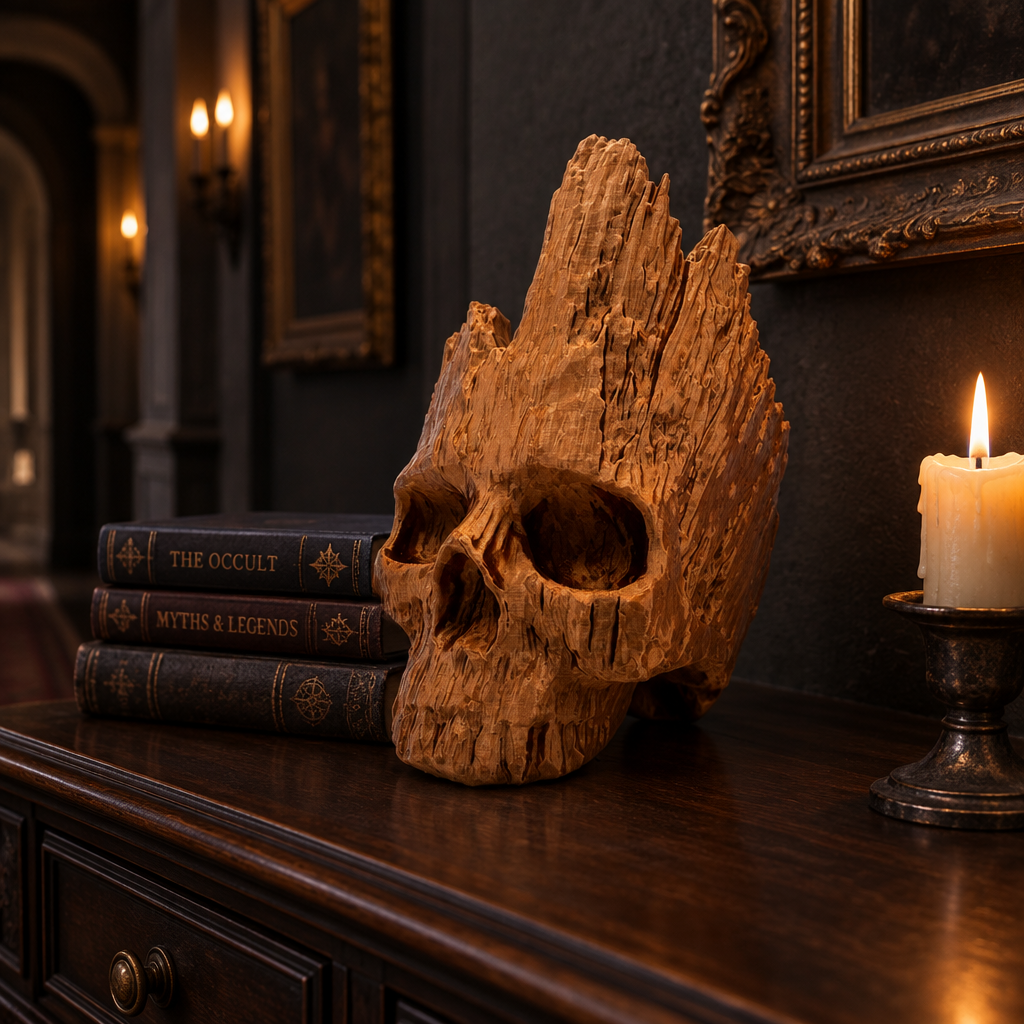 Brown wood-effect skull displayed on a dark walnut console in a gothic hallway