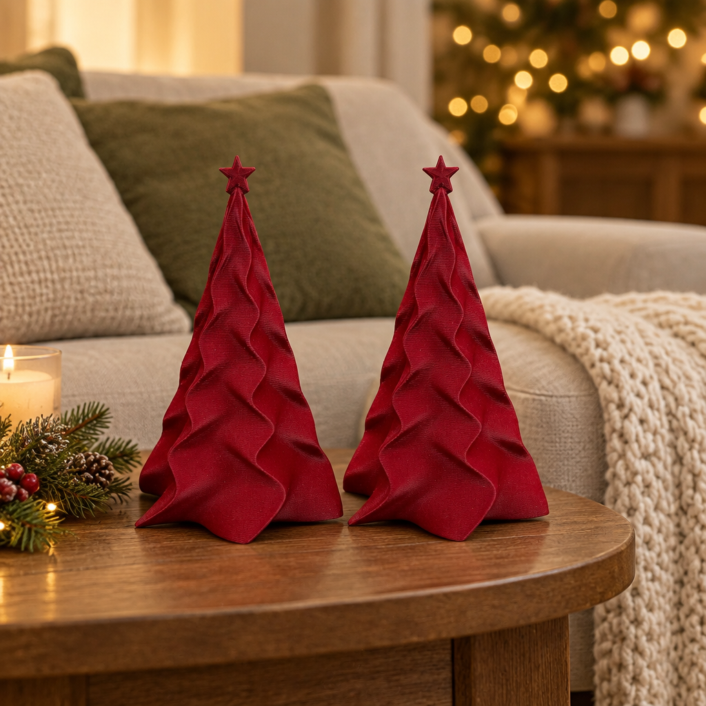 Two matching red folded Christmas trees on a side table beside a sofa
