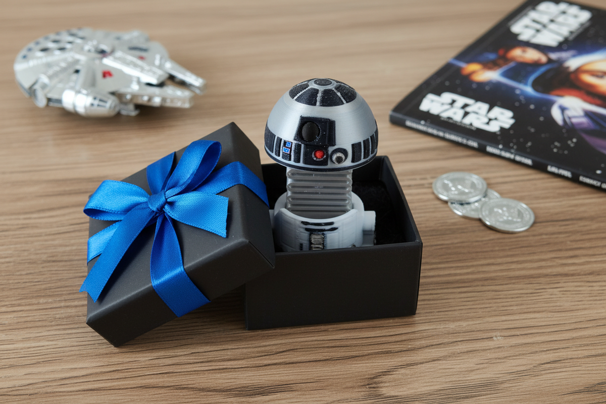 Star Wars R2-D2 Springie presented as a gift in a small black box with blue ribbon on a warm wooden surface