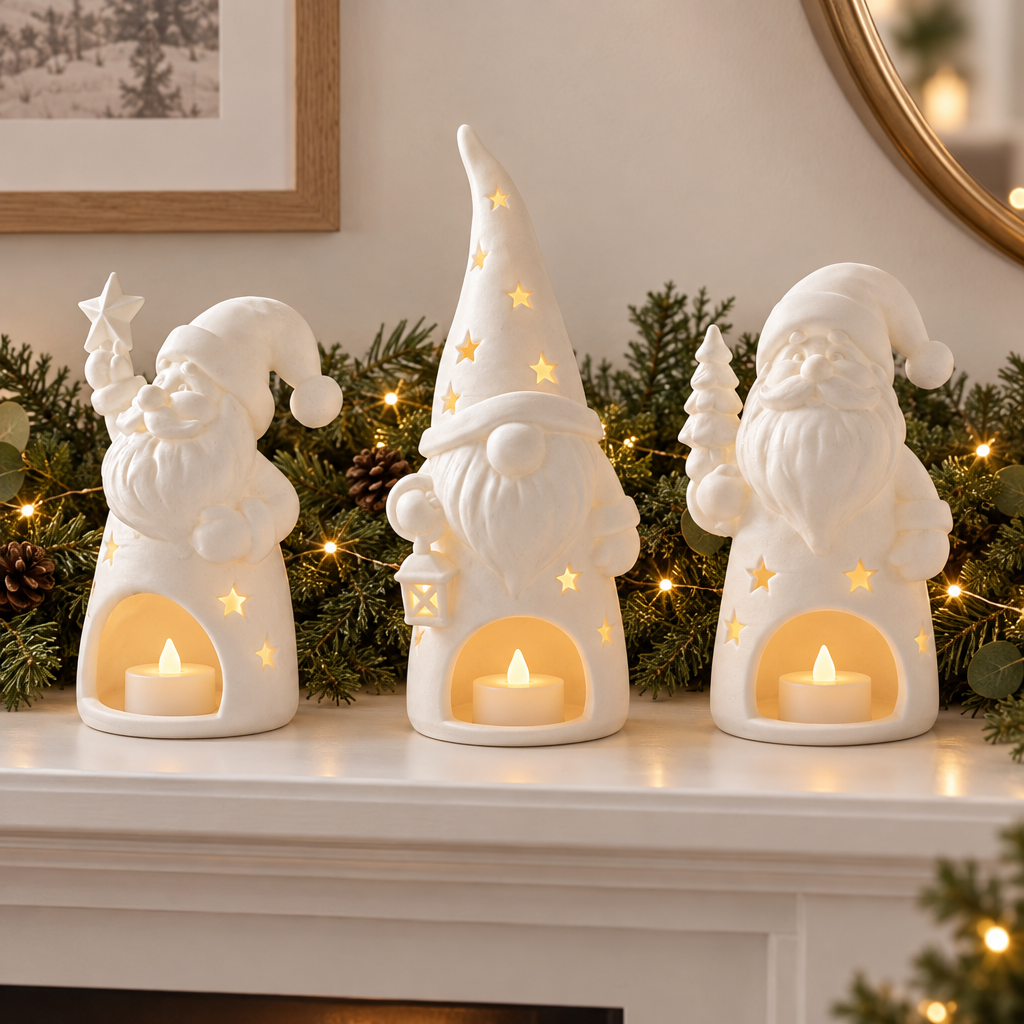 The three Santa and gnome tealight holders grouped on a Christmas mantel with evergreen garland