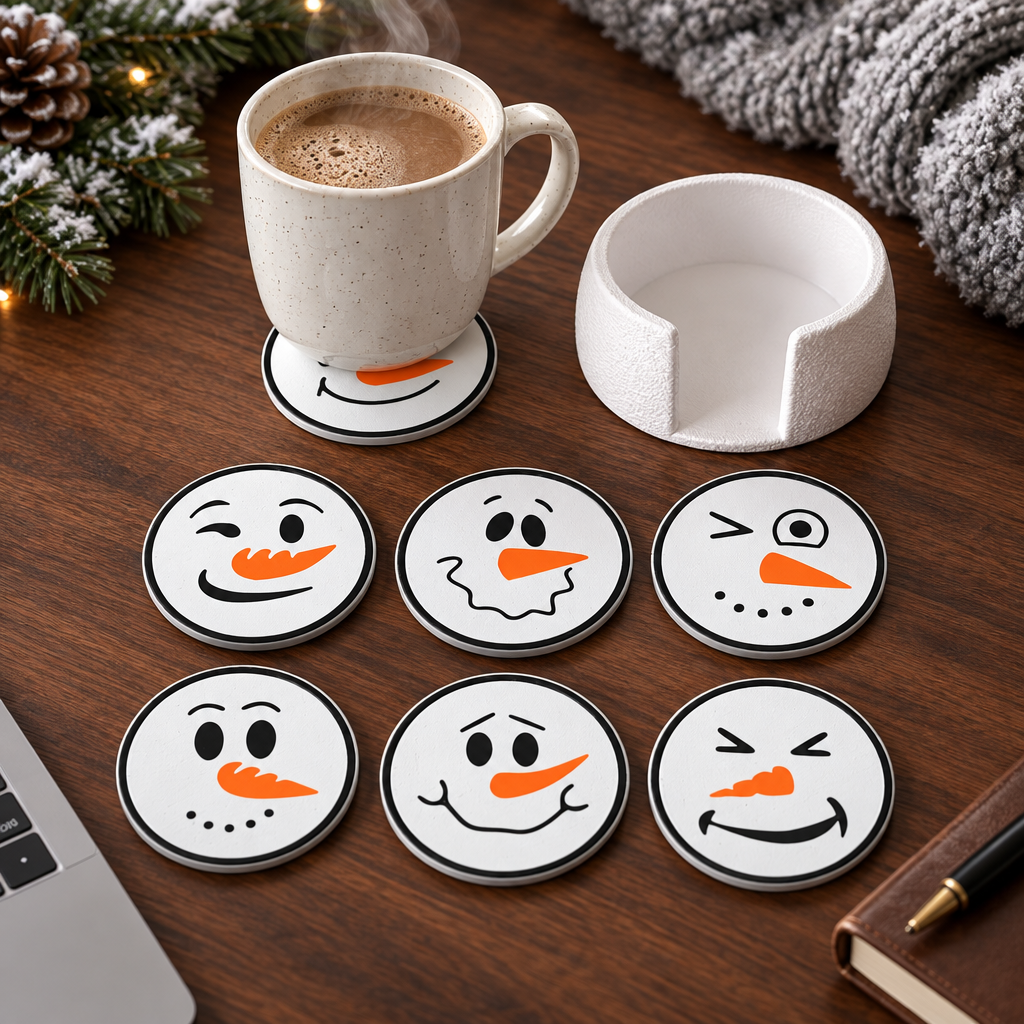 Snowman coaster beneath mug on walnut desk