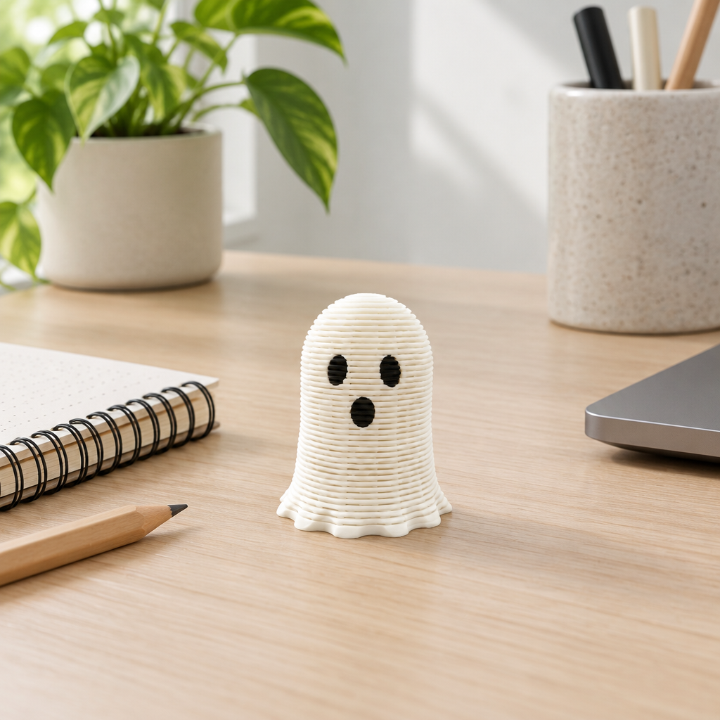White ghost spring fidget on a pale oak home office desk