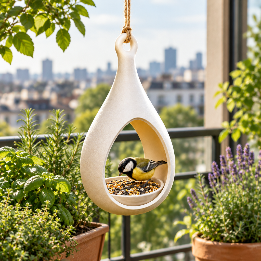 Elegant Drop bird feeder on a planted balcony