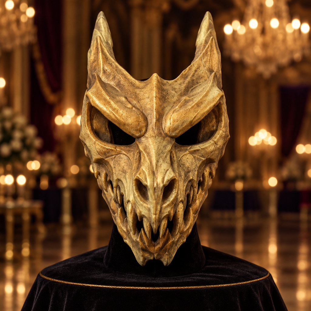 Antique gold Dragon Skull mask displayed in a masquerade ballroom, strap not included