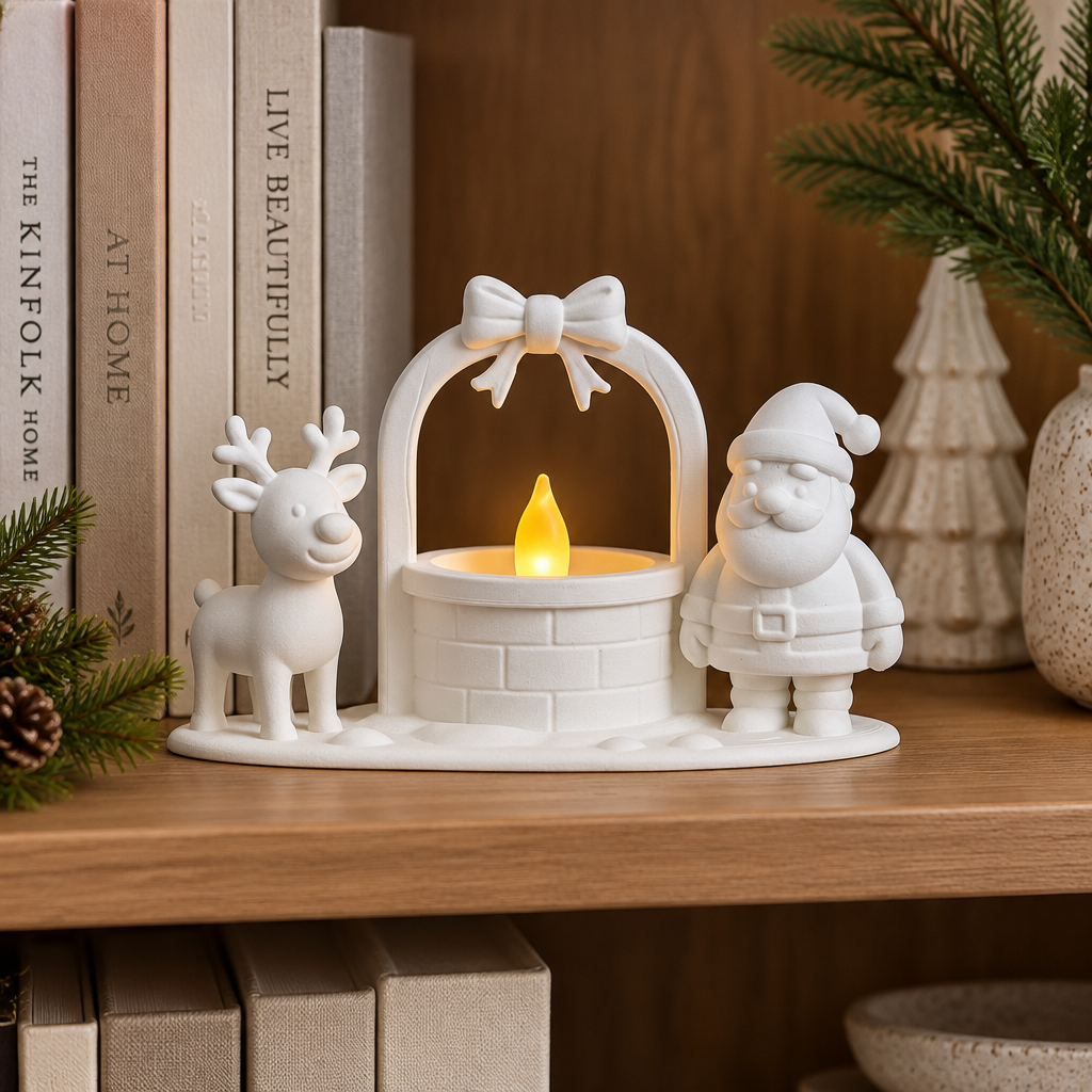 Santa and reindeer tealight well holder on a bookshelf beside neutral books