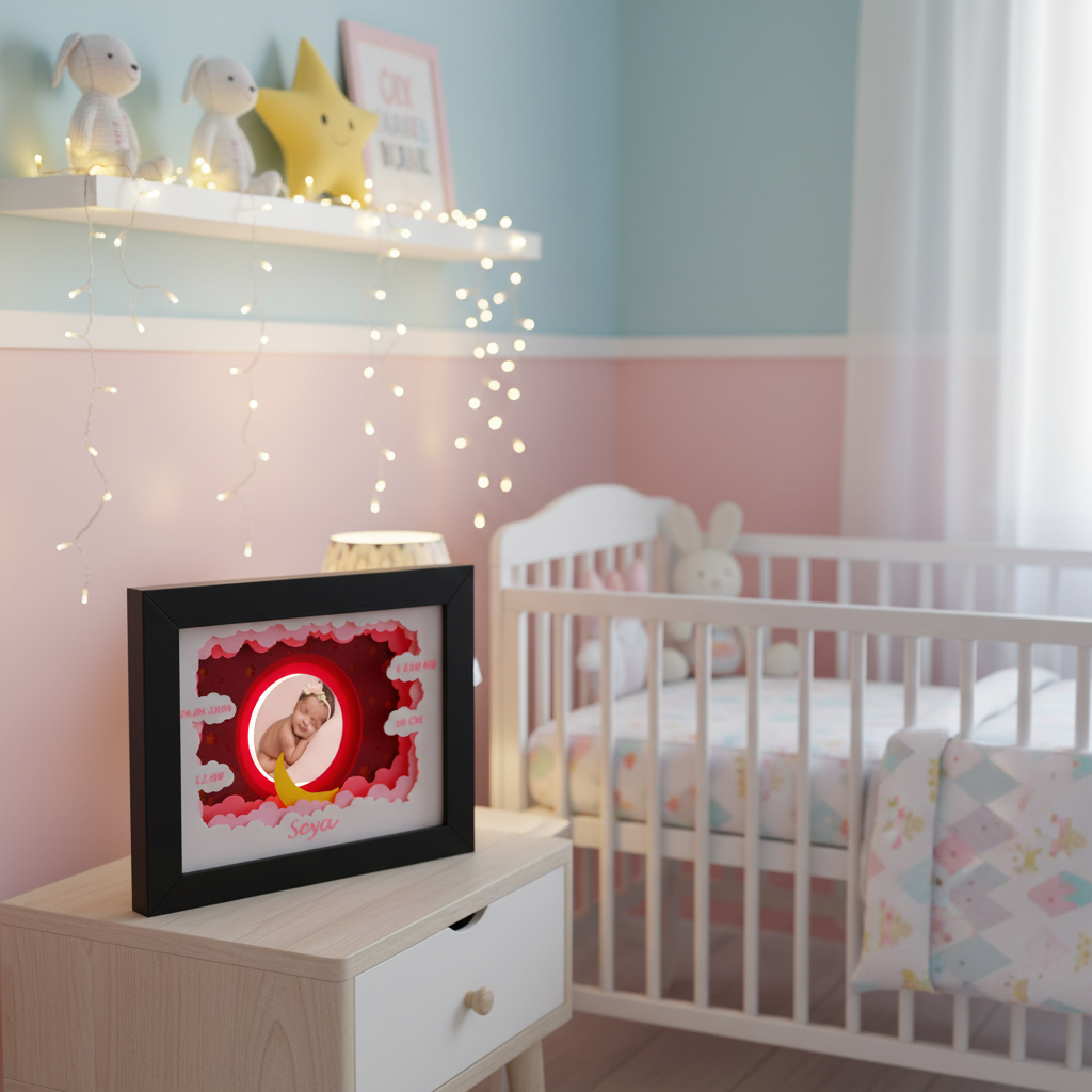 Baby Photo Frame Shadow Box displayed on a bedside table in a soft pastel nursery with fairy lights