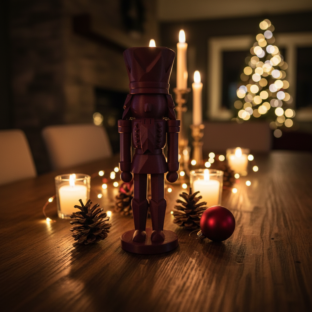 Burgundy nutcracker on wooden table with pine cones and fairy lights moody lifestyle