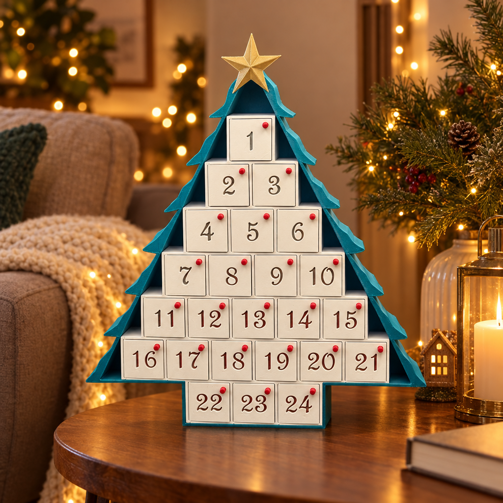 Christmas tree advent calendar with warm background fairy lights in an evening home scene