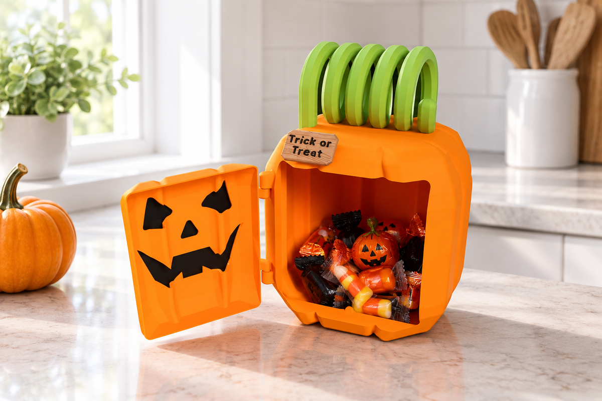 Orange pumpkin treat box with its hinged door open on a bright kitchen counter