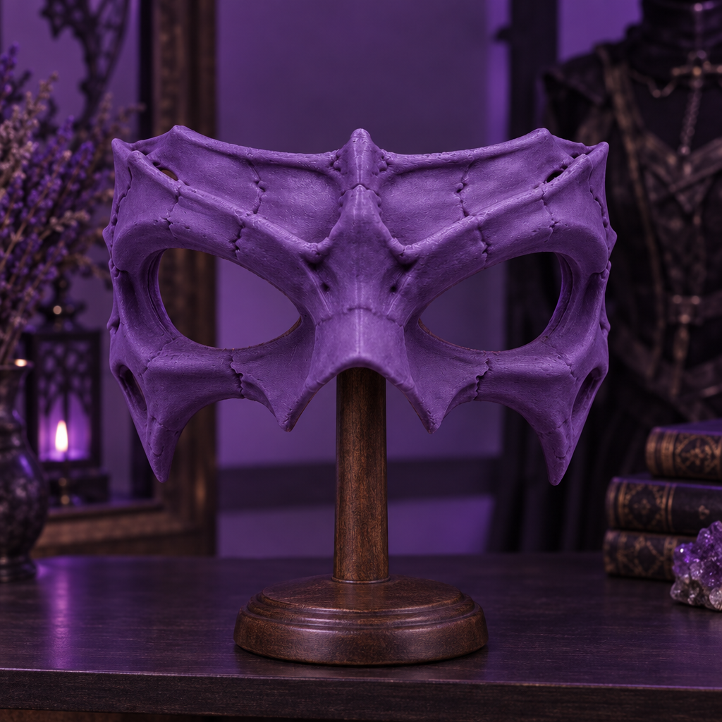 Purple Bone Wraith Mask displayed on a wooden stand in a costume room.