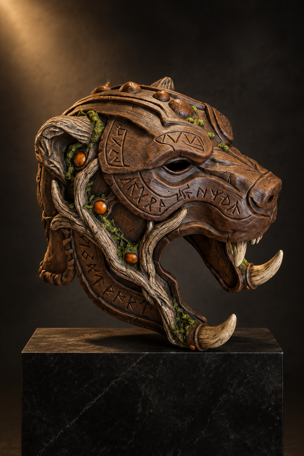 Runic Beast Mask displayed on a black stone gallery plinth