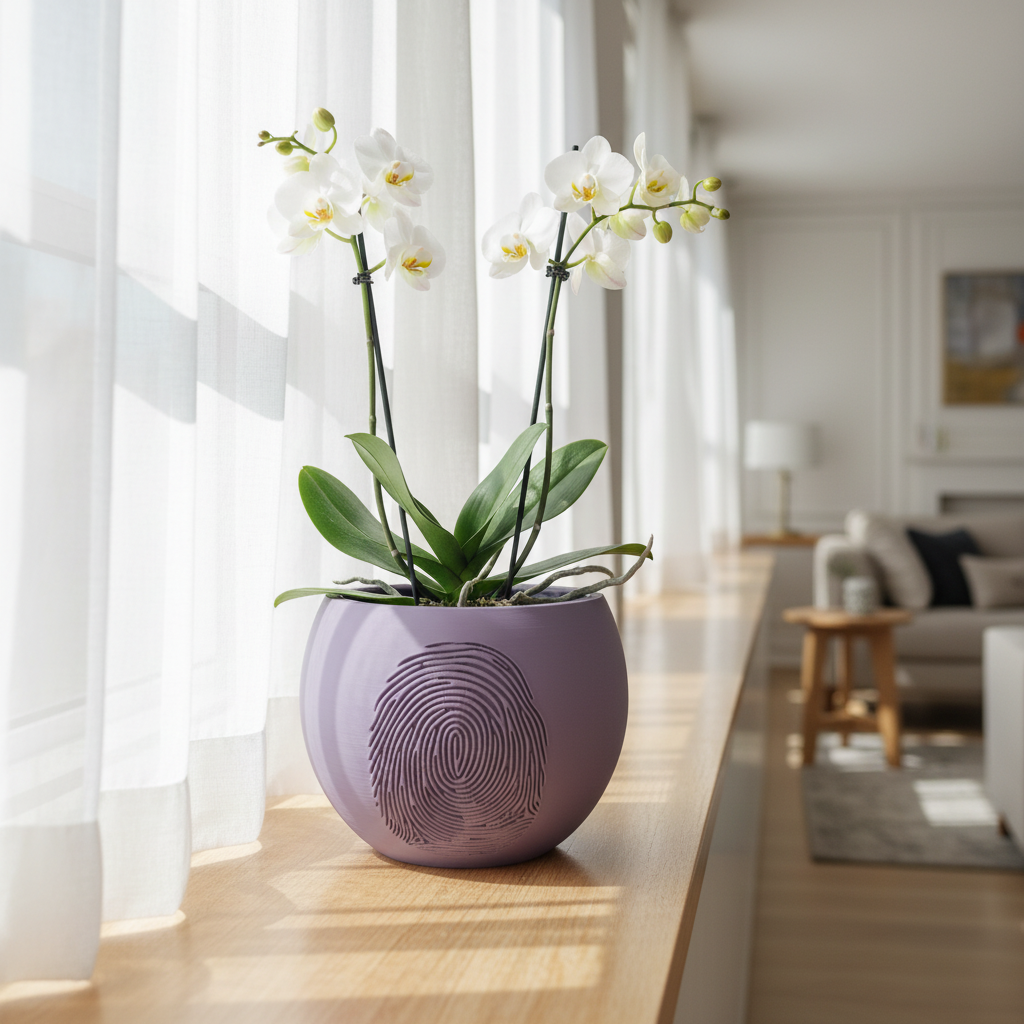 Dusty purple Caught fingerprint plant pot with a flowering orchid on a bright sunny windowsill