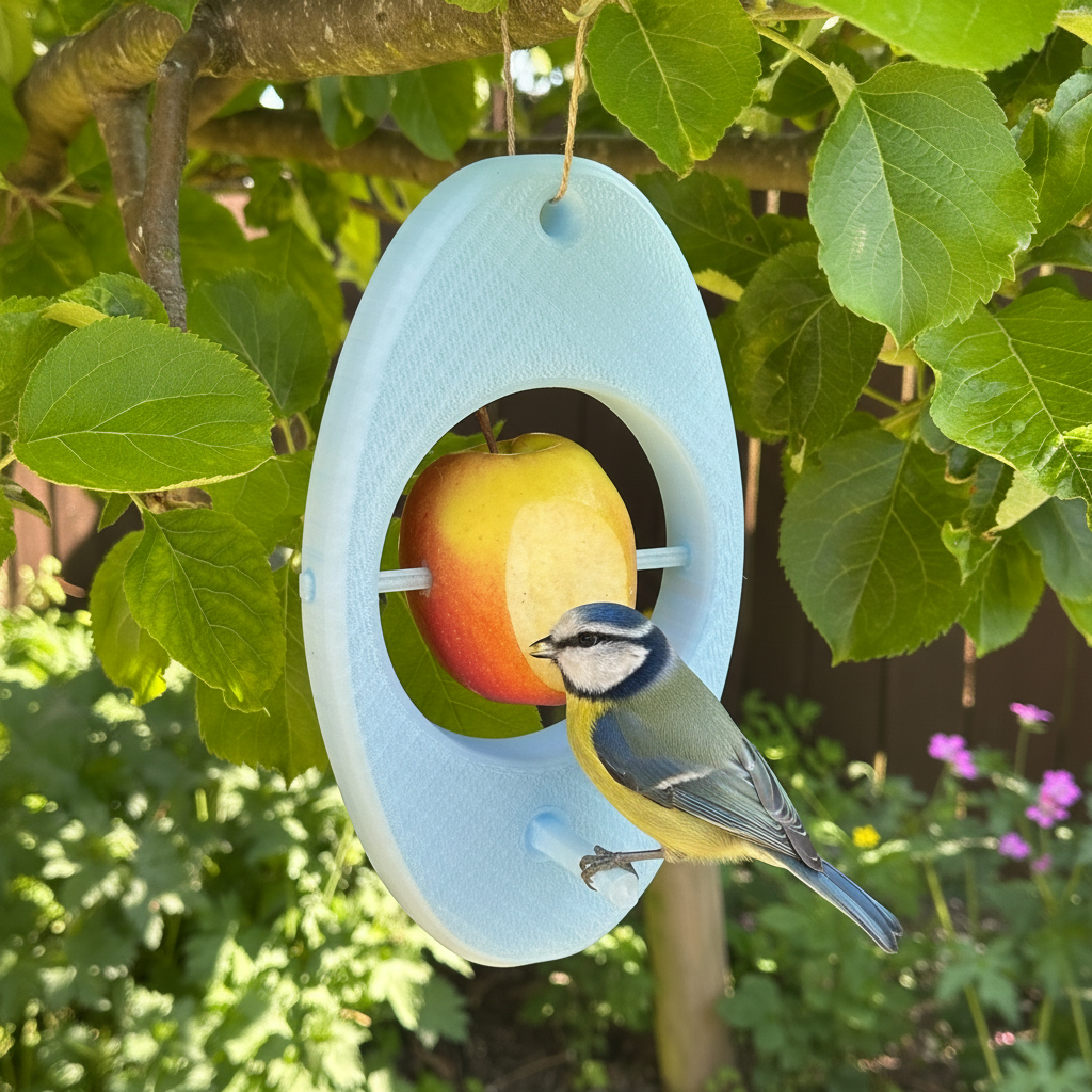 Blue apple bird feeder with bird perched - lifestyle