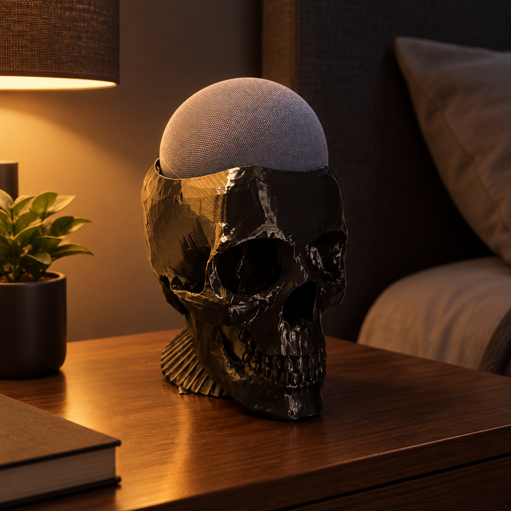 Large glossy black skull with a grey smart speaker as the dome on a wooden bedside table at night