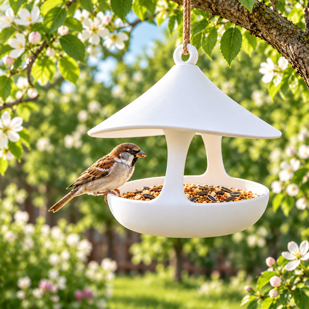 Modern bird feeder hanging in an orchard