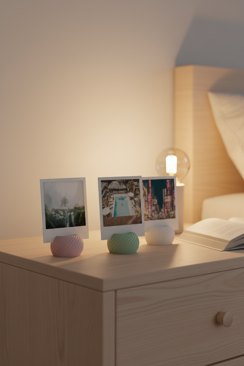 Three Swirl Base Photo Holders dusty rose pink sage green chalk white matte pebble swirl twist texture each holding polaroid print pale oak bedside table small reading lamp paperback book soft warm evening bedroom light portrait