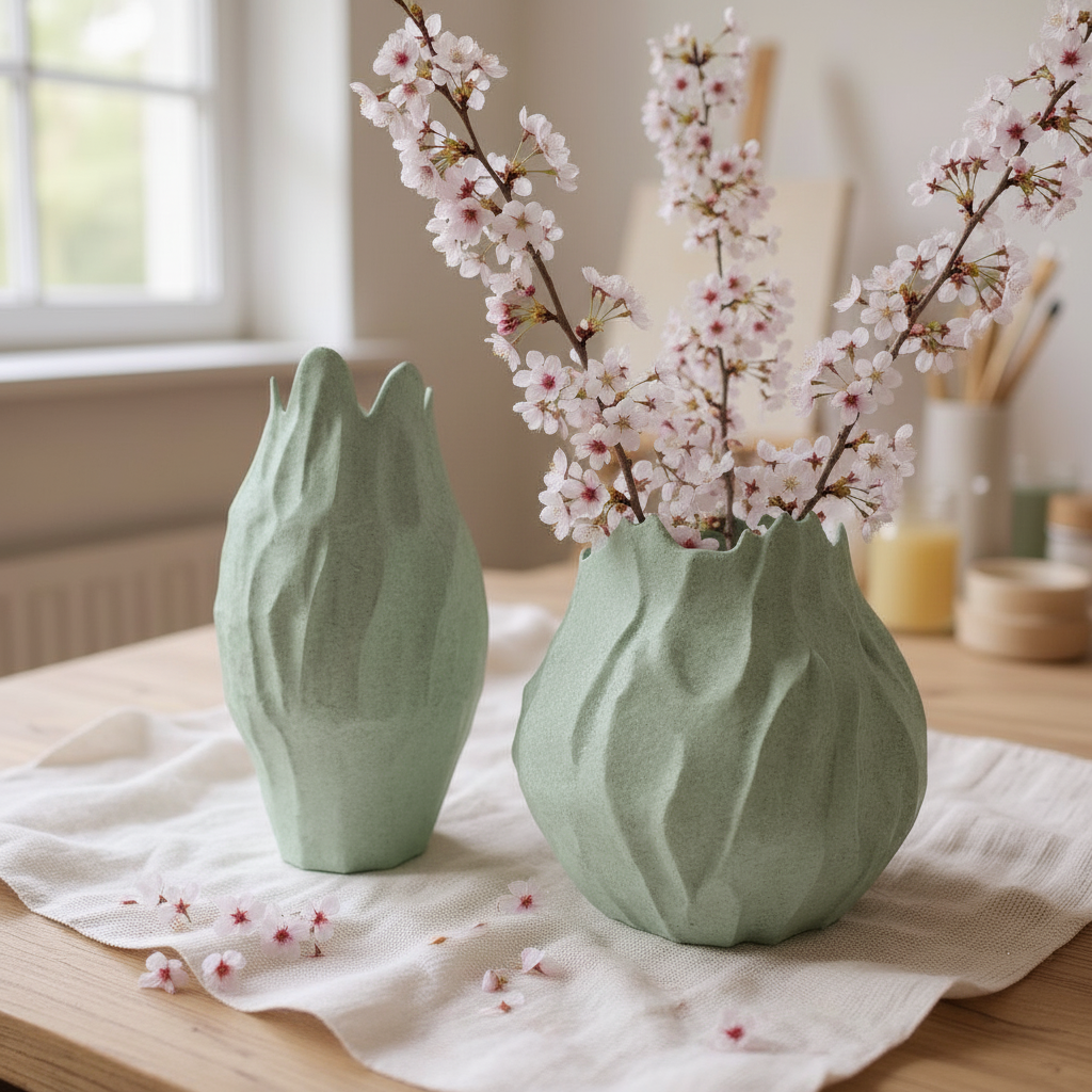 Two organic stone-like sculptural vases in sage green on a wooden dining table with cherry blossom